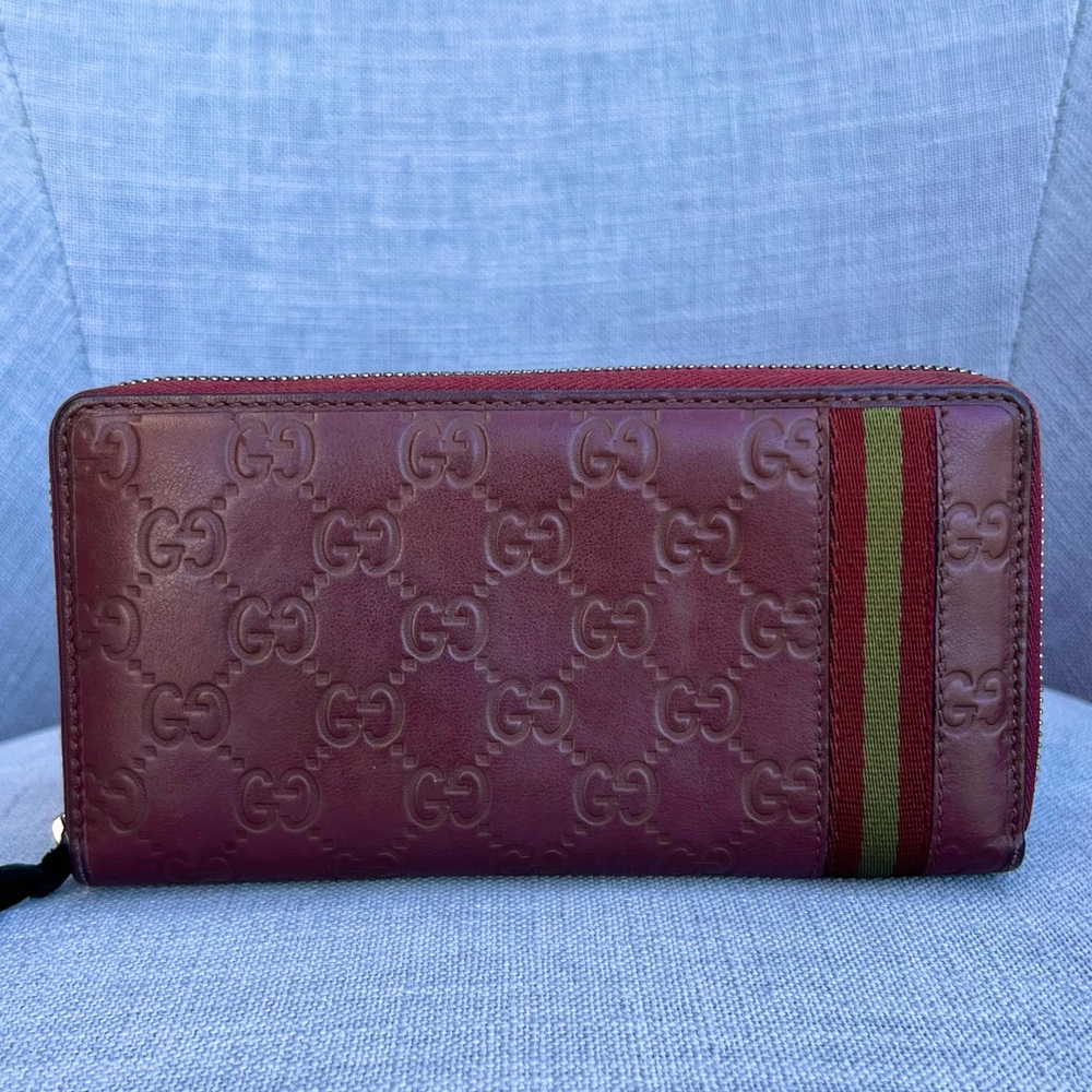 Gucci Burgundy Leather Zip Around Wallet with Green-Red Web Stripe - Picture 2 of 8